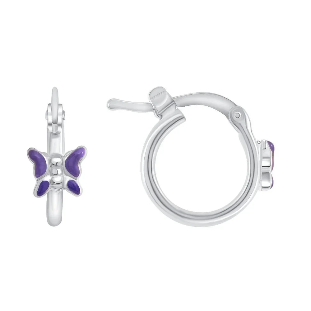 STERLING SILVER 925 RHODIUM PLATED ENAMELED PURPLE BUTTERFLY HOOP EARRINGS